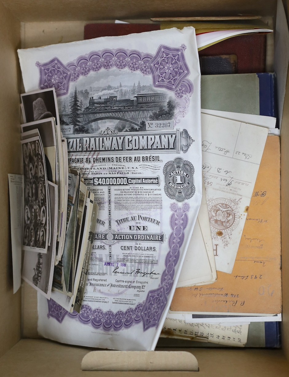 Assorted ephemera, stamps, postcard portraits of royalty, books of political cartoons, share certificates